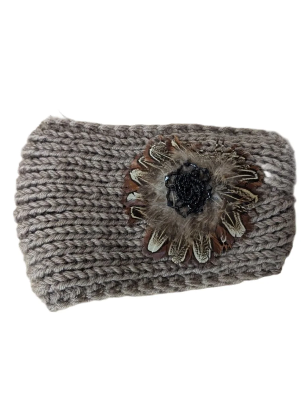 Women's Unbranded Brown Knit Headband with Feather & Bead Detail, One Size